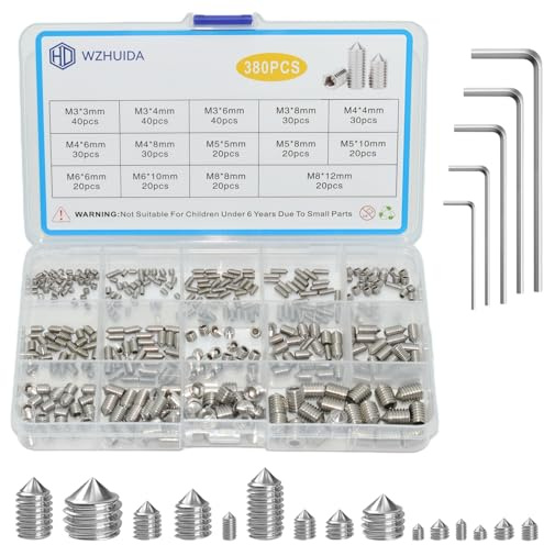 WZHUIDA 380 Stück Kegelspitz Madenschrauben Sortiment Set, M3 M4 M5 M6 M8 Edelstahl Sechskantkopf Schrauben mit Schraubenschlüssel für Türklinke, Halterung
