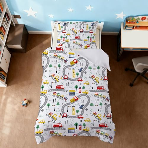 Snugoria Autos Bagger Bettwäsche 135×200 Kinder Junge, Weich Mikrofaser Kinderbettwäsche mit Reißverschluss, 2-teiliges Lastwagen Bettbezug mit 80x80 Kissenbezug