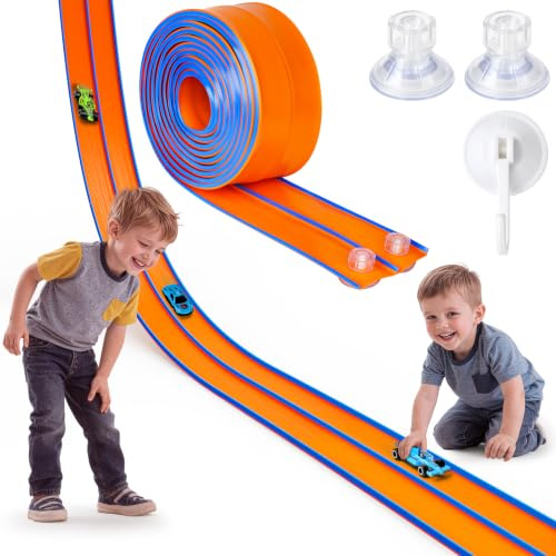Hot Bee 4,5 m Autorennbahn Spielzeug aus Silikon mit Saugnapf für Kinder | Flexible Rennstrecke ab 3 Jahre, Fenster- Und Wand-Rennbahn Set, Kompatibel mit 1:64 Autos