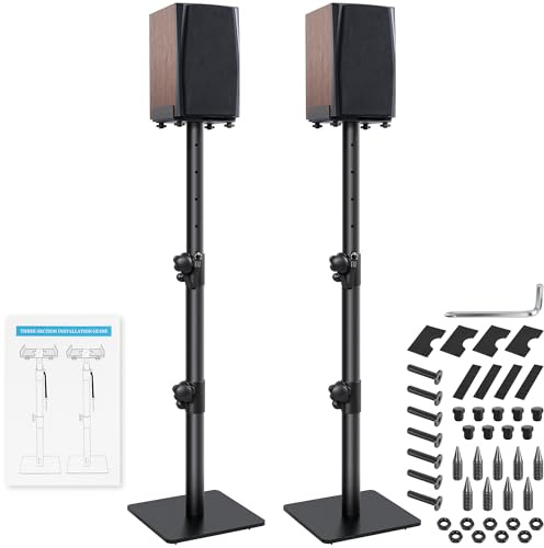 OUUTMEE Lot de 2 Supports d'Enceinte en 3 Parties, Jusqu'à 10KG | Pieds d'Enceintes Universel, Base Carrée, Pour Enceintes de Bibliothèque/Satellite, Réglable en Hauteur: 72-102CM