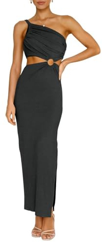 BKEPDY Vestido de un Hombro Mujer Asimétrico con Abertura Lateral Vestidos Fiesta Elegante Largo Ajustado Corte Cutout Diseño Moderno para Coctel Ceremonia Eventos Especiales