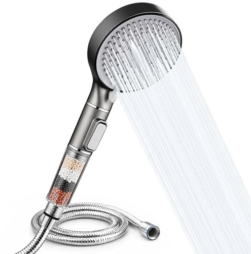 MELTA® Pommeau de Douche Haute Pression Filtrant avec Flexible 1,5 m – Douchette Anti Calcaire avec Filtre Minéral, 5 Modes de Jet, Bouton Stop Eau, Installation Sans Outils, Universel (NICKEL BROSSÉ)