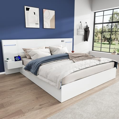 Xwiny Doppelbett mit 2 Nachttischen 180x200cm, Holzbett mit USB-Anschluss und Farblichtleiste,Stauraumbett mit Elektronischer Uhr und Bluetooth-Lautsprecher, Weiß (Ohne Matratze)