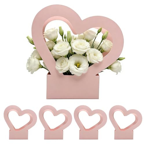 Scatole regalo a forma di cuore, 27,9 cm, sacchetti per bouquet di fiori, carta impermeabile, manico a forma di cuore, porta fiori pieghevoli, confezione da 5, per matrimoni, nascite