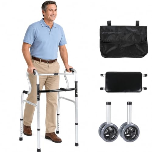 Jaxguom promenadhjälpmedel för seniorer, vikbar promenadbock med dubbla hjul | Aluminiumram, lägenhet och rådjur, kan belastas på 180 kg, justerbar höjd 76–90 cm, dubbelfunktion, sittdyna och väska