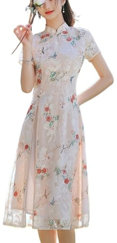 MLYPRU Traditionell Ao Dai-Klänning I Dubbla Lager, Cheongsam-Klänning Med Korta ärmar, Vietnamesisk Klänning För Kvinnor Qipao I Smal Passform För Vardagsbruk