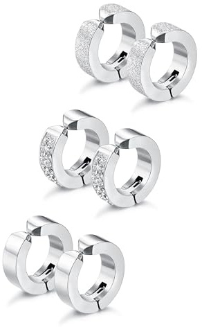 Jstyle 3 Pairs Stainless Steel Mens Womens Hoop Earrings Clip On CZ Non-Piercing S