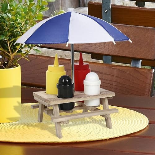 BURI Menage 6-teilig Picknicktisch Gewürzständer Salzstreuer Pfefferstreuer Schirm