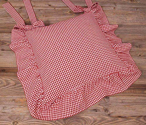 Kissen-Bezug in 40x40 cm für Stuhl-Kissen - Baumwolle Rüschen Kissen-Hülle LISE rot im karierten Landhaus-Stil - Waschbarer Reißverschluss Zierkissen-Bezug für Esstisch Sitz-Kissen