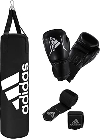 adidas Boxing-Set Performance, Boxsack-Kit 90 x 30 cm – 20 kg, inkl. Boxhandschuhen Größe 10 oz und Bandagen, schwarz/weiß
