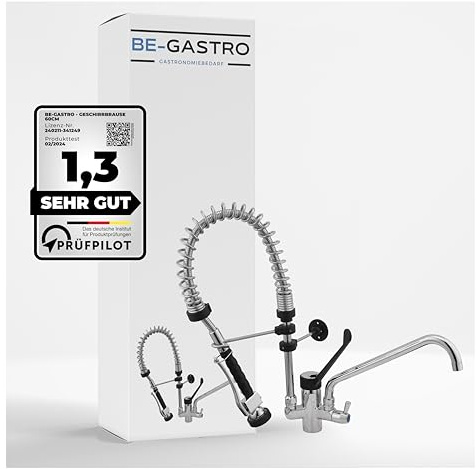 BE-GASTRO | Rubinetto Gruppo doccia con miscelatore monoforo, con leva clinica nera e rubinetto di servizio incorporato, Rubinetteria professionale set di prelavaggio stoviglie per cucine