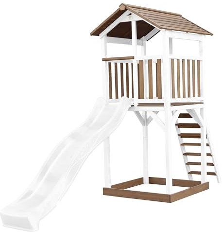 AXI Beach Tower parco giochi in legno in marrone e bianco | Torre di gioco per bambini con sabbiera e scivolo bianco | Casa per bambini su palafitte per il giardino.
