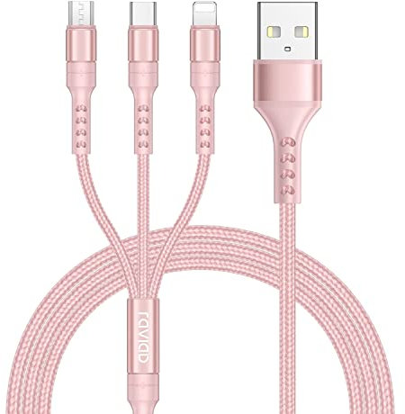 RAVIAD Câble Multi USB, 3 en 1 Câble Universel 1.2M Multi USB Câble de Chargement en Nylon avec Micro USB Type C Lightning Câble pour iPhone, Samsung Galaxy, Huawei, Honor, Mi, OnePlus -Rose