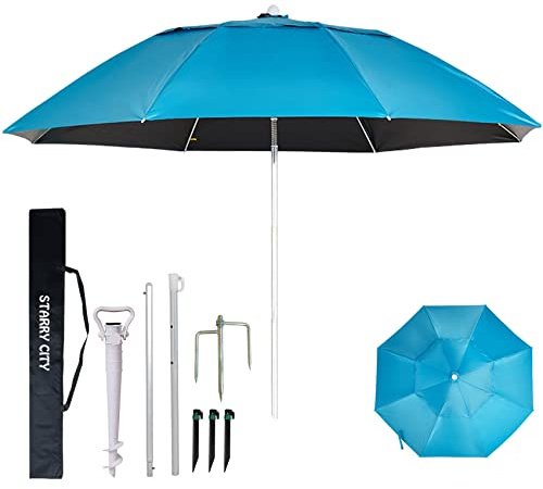 GRANDMEI Ombrellone da spiaggia, 2,1 m, grande, portatile, antivento, con ancoraggio per sabbia, per giardino, piscina all'aperto e pesca, Blu 3, 80 inches