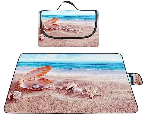 TengYuer Picknickdecke 180x200cm Stranddecke Wasserdicht Sandfrei Isoliert Faltbar Strandmatte mit Tragegriff Outdoor Campingdecke XXL für Camping Parks Strände Picknick Blaue Wellen Strand