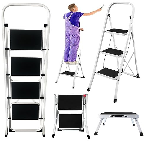 Foldable 3 Step Tread Ladder Portable Folding Metal Steel Stepladder Heavy Duty Step Stool with Safety Handrail Non Slip Feet, Perfect for Home, Office, Warehouse, Supermarket
