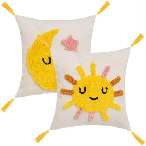 LEKE GO Set de 2 Cojines Infantiles de Sol y Luna Iris Multicolor de Tela Pelo de 45x45 cm con Relleno (Sol y Luna)