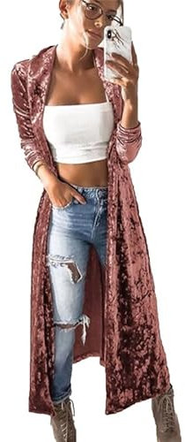 Suncolour Maxi Cardigan Lungo in Velluto da Donna Maxi Cardigan con spolverino Aperto sul Davanti in Velluto