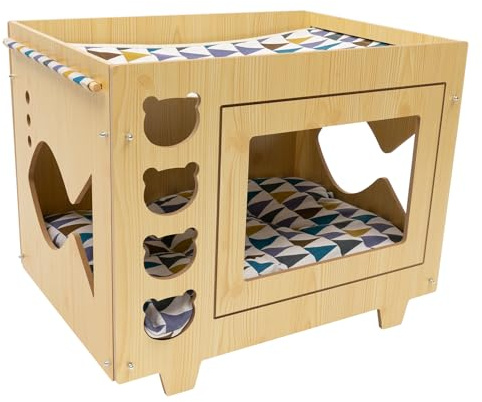 SABUIDDS Katzenhaus aus Holz, Katzenbett Katzenhaus Katzenschlafplatz für Katzen 2 Etagen Sonnenterasse/Unterschlupf, Katzenbett Waschbar, 55 x 40 x 44cm, Beige