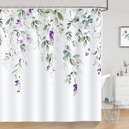 Bonhause Duschvorhang Grün Eukalyptus Blätter Lila Blumen Duschvorhänge 180 x 180 cm Anti-Schimmel Wasserdicht Polyester Stoff Waschbar Bad Vorhäng für Badzimmer mit 12 Haken