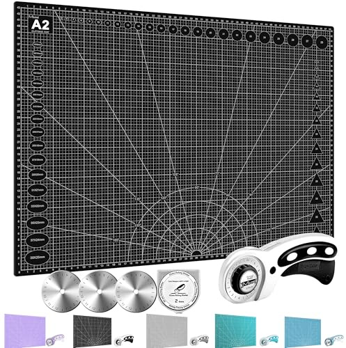 Miuzei Rotary Cutter Set A2 Self-Healing Cutting Mat 45mm Fabric Cutter | Double-sided grid, 45mm rotary cutter with blades, safety lock auto-retract, for fabric leather paper sewing quilting, black