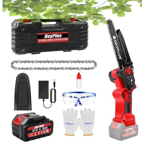 VickyHome Cordless Chainsaw Mini 8 Inch, Brushless Motor Electric Chainsaw Portable Hand Saw with 4000mAh Lithium Battery, Fast Charger, 2 Chains for Tree Pruning, Wood Cutting