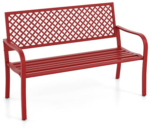 KOMFOTTEU Gartenbank Metall, Sitzbank mit Armlehnen, Parkbank für 2-3 Sitzer bis 300 kg belastbar, Metallbank Terrassenbank für Hof, Park, Terrasse, 127 x 62 x 86 cm (Rot) | Terreza Außenbank aus Metall mit Armlehnen und Lamellensitz, 127 x 62 x 86 cm
