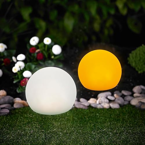 MeLiTec Solar Gartenleuchte Stein LK14 Kugel, 2er Set, RGBW Farbwechsel, weiß & bernstein, Solarleuchte Garten, dekorative Bodenleuchte, IP44, bis 8h Leuchtdauer, 24 cm