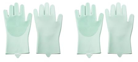 LUNCHS 2 Pairs Dishwashing Gloves for Scrubbing Dishes, Washing Dishes Rubber Gloves Long Bristle Brush Design Kitchen Gloves Easy to Foam(Green)