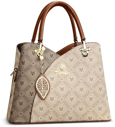 FOLOVEYA Sac à Main Femme Pendentif Exquis Sac Fourre Tout Dames Mode Impression Sacs à Bandoulière Sac D'épaule Multipoches pour Travail Achats Quotidien PU Cuir Marron B