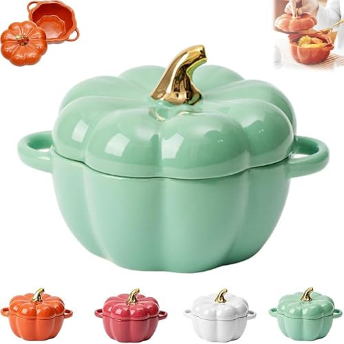 15 Oz Oven Safe Pumpkin Bowls, Mini Pumpkin Dutch Oven Pot With Lid, Creativity Pumpkin Soup Bowls with Handles, Ceramic Pumpkin Ramekins, Dessert Sauce Pan, Baking Soup Bowl (02,M)