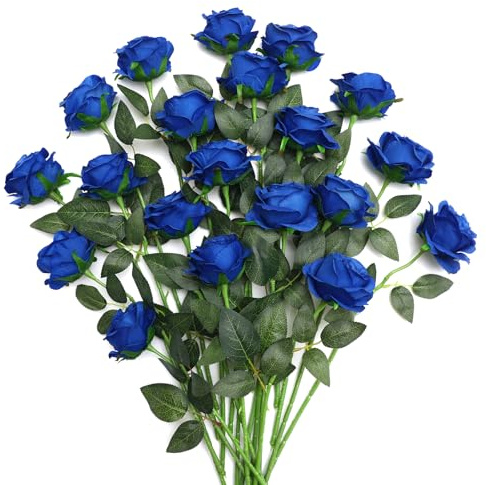 JUSTOYOU 20 PCS Blaue Rosen künstliche Blume, Seide blühende Rose mit Stiel, künstliche Rose Bouquet Realistische Blume für Home Table Office Party Hochzeit Garten Arrangements (Blau Blossom Rosen)