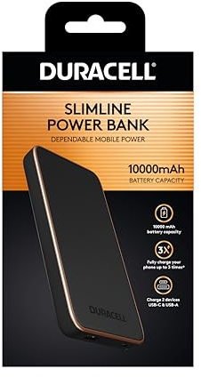 Duracell 10000mAh Power Bank – Fast Charging Portable Charger with USB-C & USB-A, Slim External Battery Pack for iPhone, Samsung Galaxy, Android Phones, Tablets & Devices