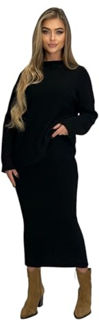 Mississhop Conjunto de punto para mujer con jersey falda, jersey de punto, falda de punto, Negro , Talla única