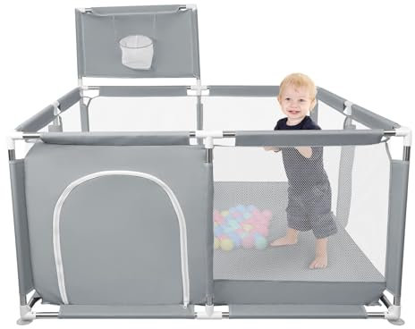 OHMG 180 x 120 cm Laufstall für Babys, Laufstall für Kinder, großer Laufstall mit Barrieren, Laufstall aus Oxford-Stoff, Babyspielplatz für Wohnung, Basketballgestell, 50 Bälle, 4 Ringe (tiefgrau, 126