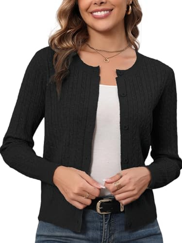 Dam elegant vintage kabelstickad cardigan långärmad knappstängning lätt kappa för vår höst, Klassisk svart, M