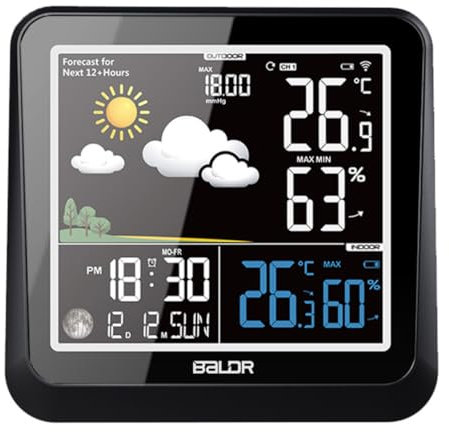 BALDR Funk-Wetterstation with Außensensor - 3 Kanäle - Digitales Thermometer Hygrometer für Innen und Außen -Feuchtigkeit Wettervorhersage - Datum, Uhrzeit - Mondphasen