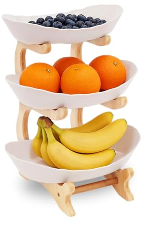 Tyvotrend 3 Tier Fruit Bowl, Food Basket Countertop Serving Tray Rack, Fruit Storage Holder with Bamboo Stand, Kitchen Serving Plate, for Fruits Vegetable Snacks Candy Storage, Beige