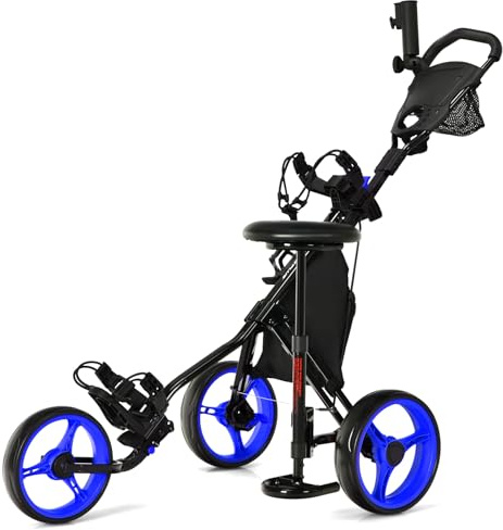 GOPLUS Golf Trolley, Golftrolley 3 Rad mit Verstellbarer Griff, Sitz & Fußbremse, Golfwagen klappbar mit Schirm- und Getränkehalter & wasserdichter Tasche, Golfcaddy Golf Push Cart (Blau)