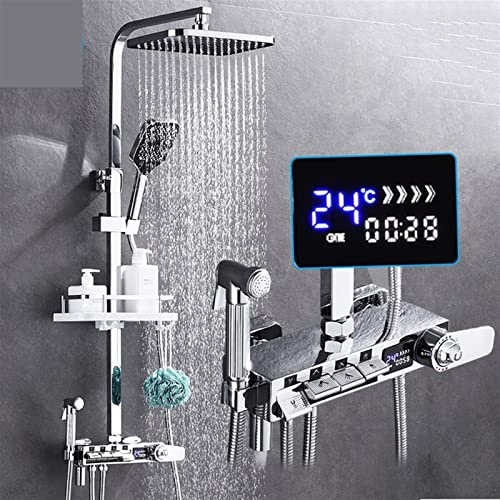 HPHPH Juego de Grifo de Ducha con Pantalla Digital termostática de latón Negro, Columna de Ducha de Lluvia, Grifo de Ducha con Montaje de Pared termostático(Golden-ABS-B02)