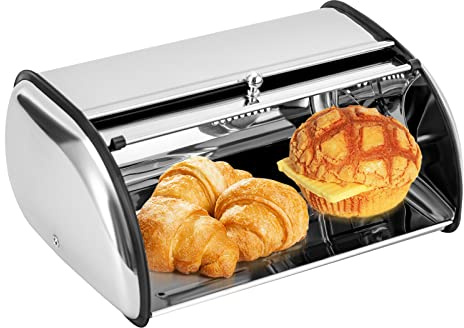 CHERIPOLI Panera sostenible, caja de acero inoxidable, caja de metal, contenedor de almacenamiento de pan, ventana para la cocina, enrollable, fácil