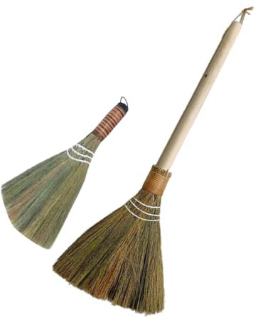 Mobestech 2pcs Handmade Woven Bamboo Broom Set Detachable Handle Small Hand Woven Dust Whisk Broom and Large Rustic Household Cleaning for Living Room and Desktop Dust Removal