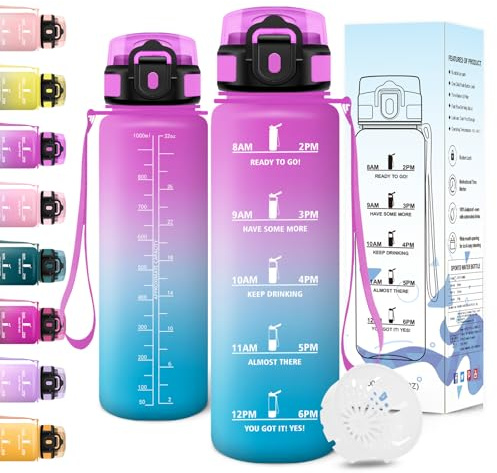 Trinkflasche, 1000ML BPA-Frei, Wasserflasche, Auslaufsicheres Schlossdesign, Flasche, Trinkflasche Sport Mit Zeitmarkierung, Trinkflaschen für Camping, Fitnessstudio Auslaufsichere - Rosa&Cyan