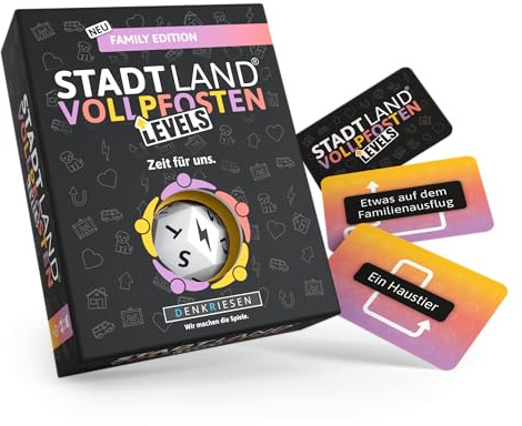 DENKRIESEN - Stadt Land Vollpfosten® Levels – Family Edition | ab 8 Jahren 2+ Spieler | Familienspiel | Reisespiel | Stadt Land Fluss | Kartenspiel & Würfelspiel | Gesellschaftspiel für Familien