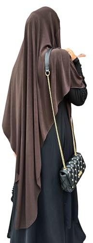 Yaqeen Jersey Khimar diamantslipad lång hijab för Muslimah en del huvudduk lycra bön klänning muslimska sjalar, Mörkbrunt, en storlek