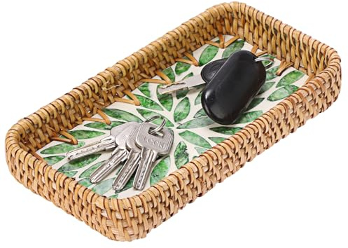 IGNPION Rattan Keys Caddy Tray, Small Woven Wicker Entryway Decorative Basket with Mother of Pearl Inlay, Coffee Table Storage Tray for Keys, Vanity, Candle, Ornament, Perfume (Green Leaf)