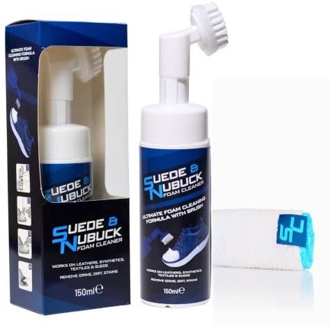 Crease Protect Suede & Nubuck Foam Cleaner Kit | Built-In Cleaning Brush + Microfibre Towel | Removes Dirt & Stains from Suede, Nubuck, Canvas & Leather Shoes | 150ml