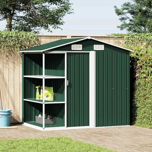Casetta da giardino con ripiano, verde, 205 x 130 x 183 cm, in ferro per cortile, terrazza, prato