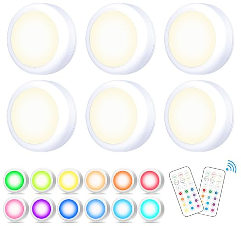 Jonuin Under Cabinet Lights, 6PCS Battery Operated LED Puck Lights with Remote Control, 13 Colour Changing Stick on Light with Adjustable Brightness & Timer for Under Cupboard, Wardrobe, Closet, Shelf