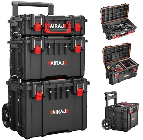 AIRAJ 3 Tier Tool Box on Wheels Heavy Duty, Large Tool Box Organiser | Stackable Tool Boxes, Modular Tool Storage Box, 7.5-Inch All-Terrain Casters,Telescopic Pull Rod Handle, for Hand/Power Tools
